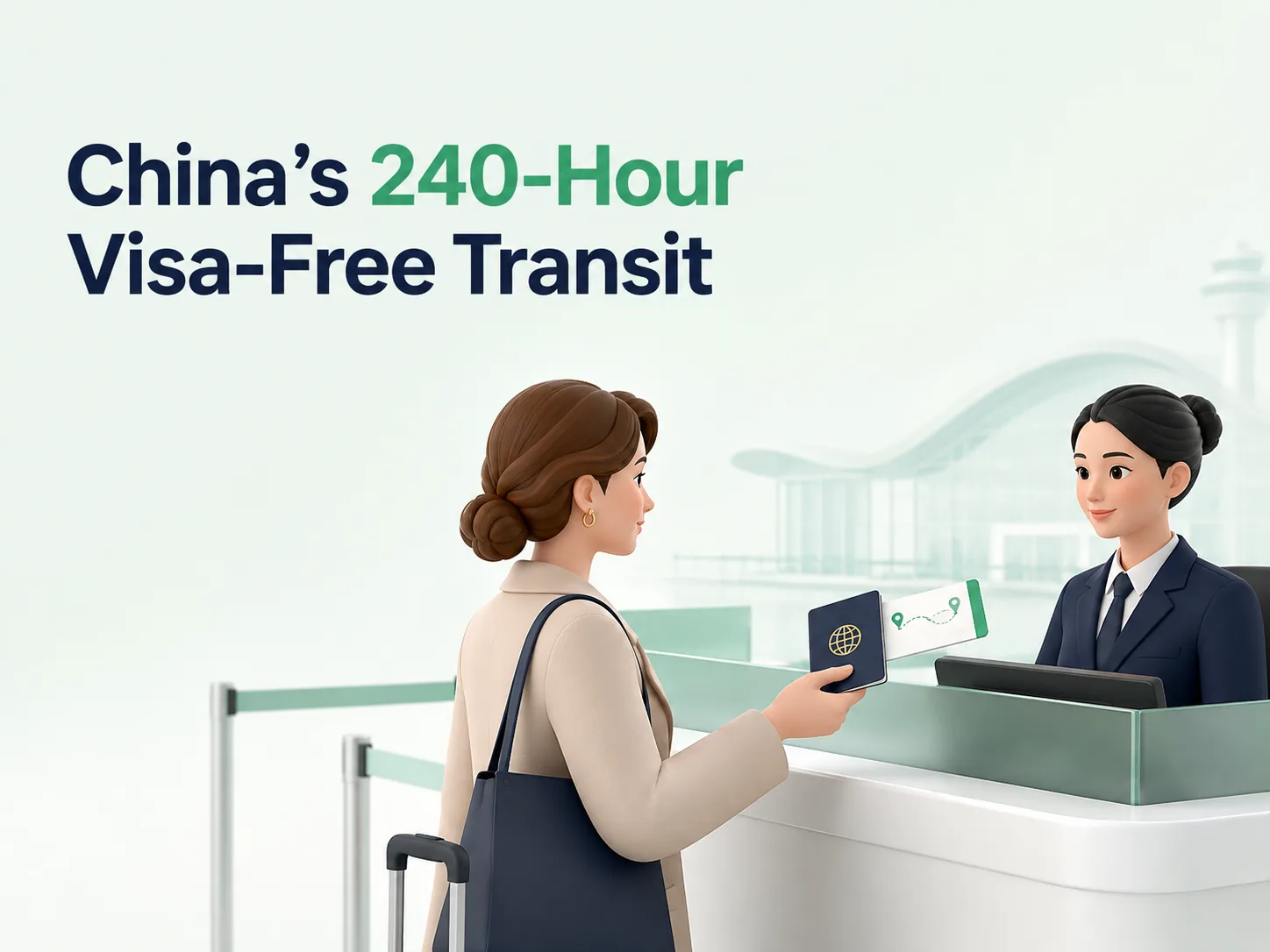 China 240-hour visa-free transit traveler presenting a passport and onward boarding pass at immigration
