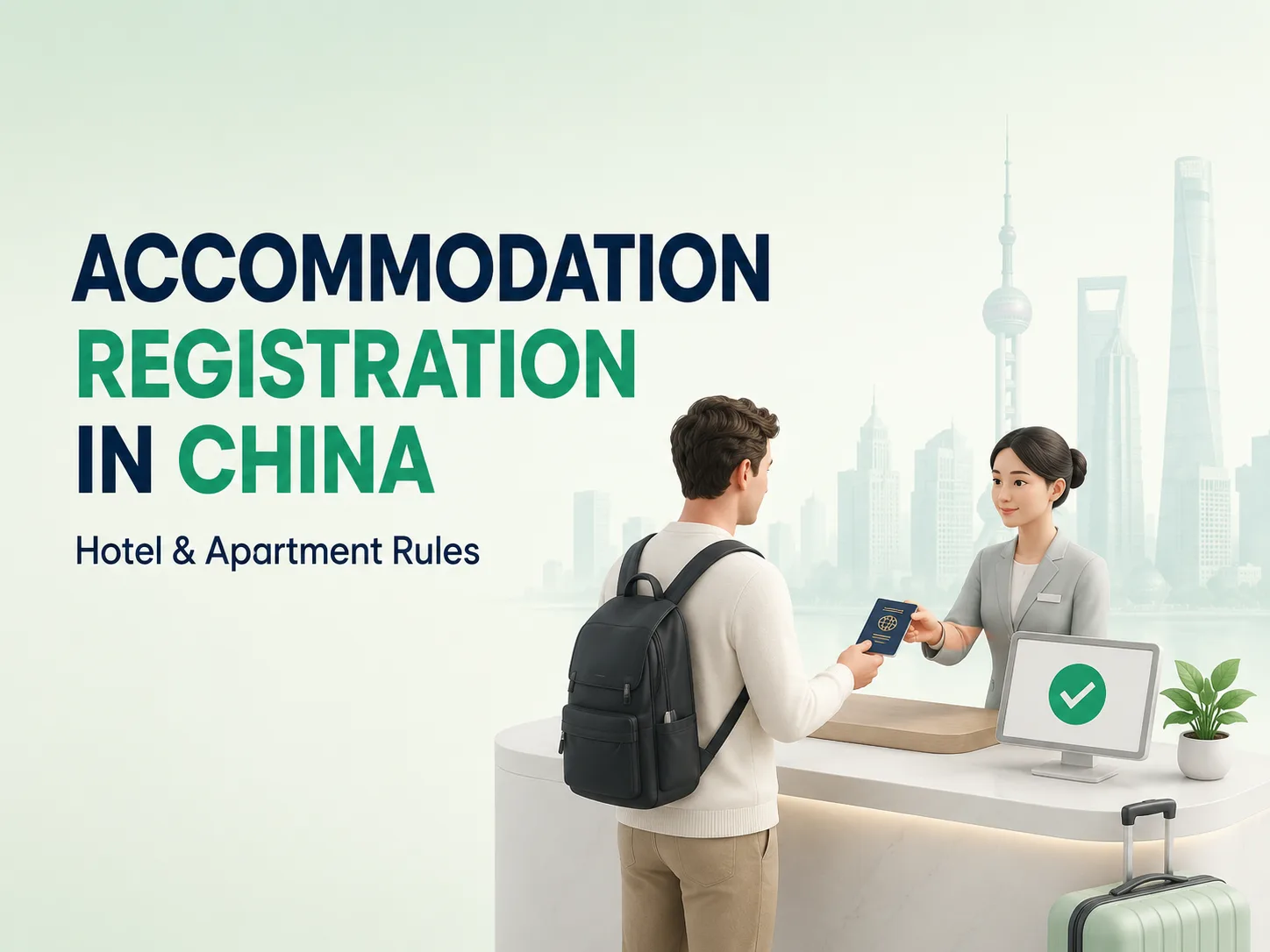 Accommodation registration in China for foreigners at a hotel check-in desk