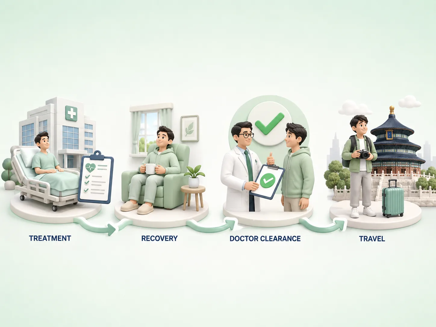 Treatment, recovery, doctor clearance and travel stages for a medical trip to China
