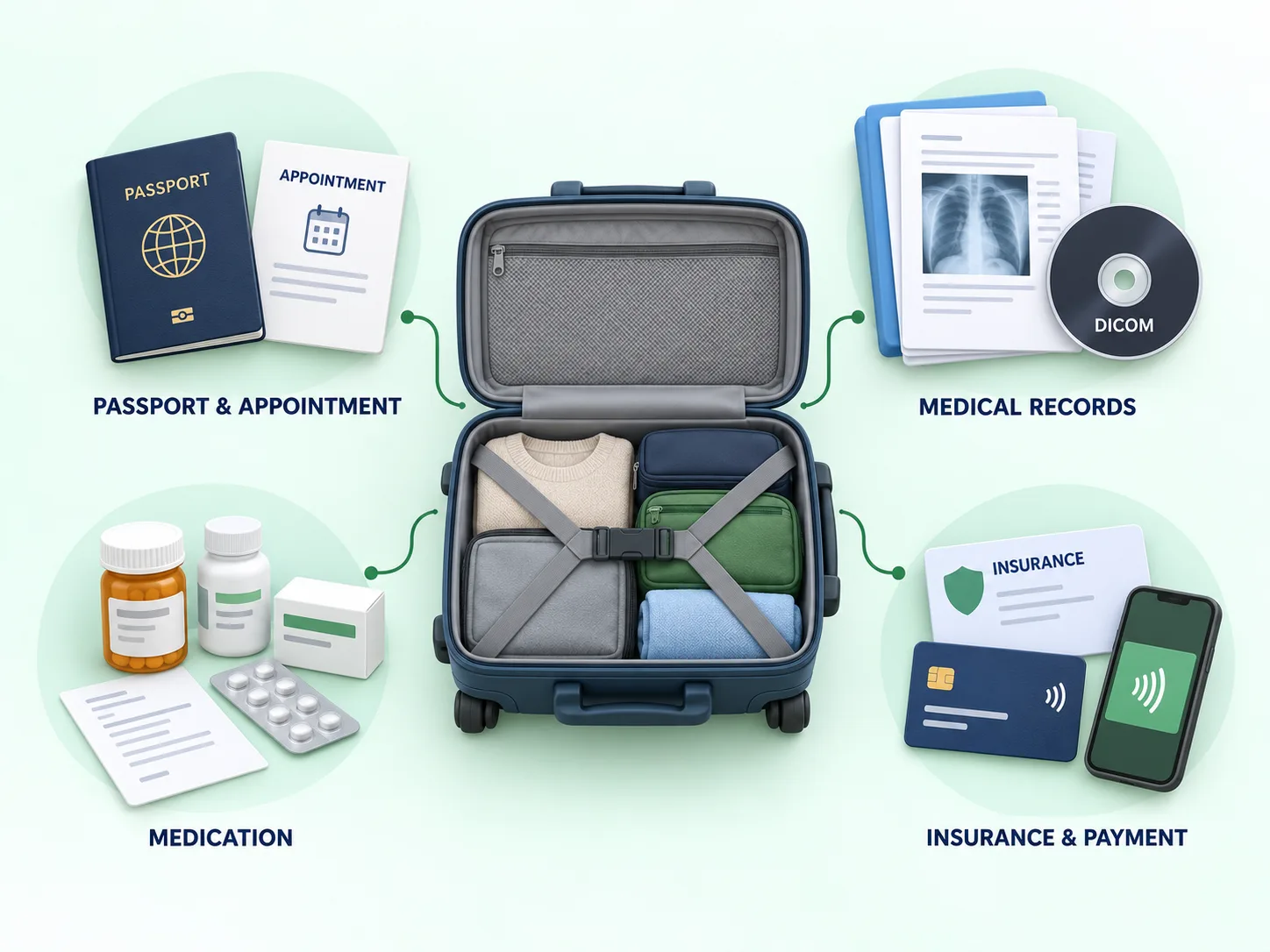 Passport, appointment, medical records, medication, insurance and payment checklist for treatment in China